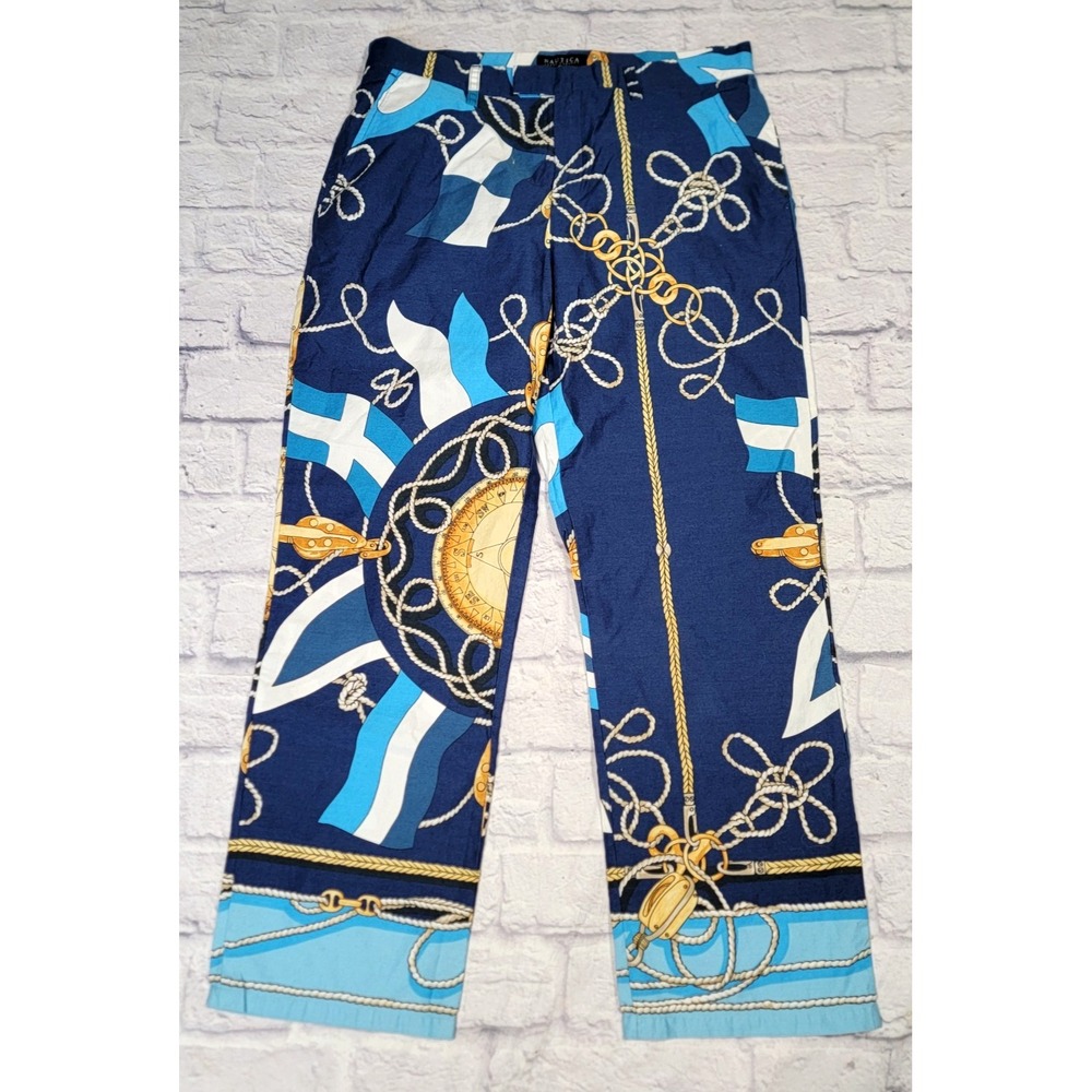 Nautica 4 Cotton Capri Pants Nautical Print Blue‎ Anchors Chains Coastal Cruise